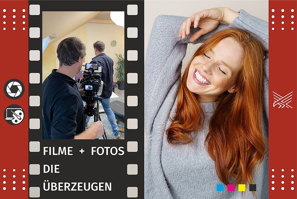Text: "Fotos + Filme die überzeugen" - Bilder: Am Set Kameramann mit Technik beim filmen einer Szene. Lächelnde Frau in hellgrauen Pullover mit Arme über Kopf verschränkt.