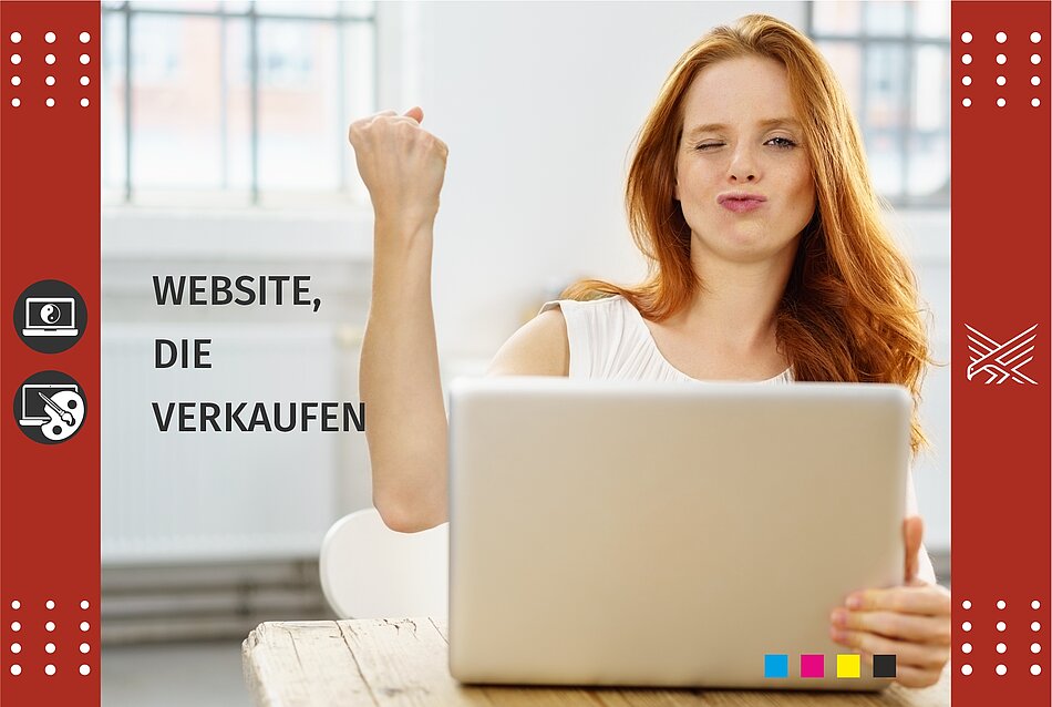 Text: "Website die verkauft" - Bild: Frau vor Computer mit hebender Faust für "Stark", zwinkert mit dem Auge.