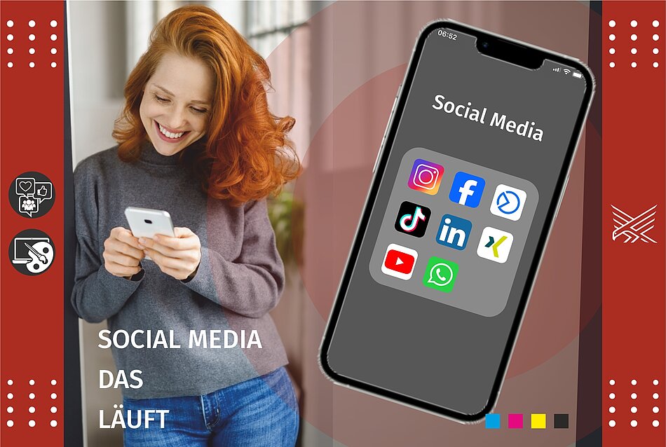Text: "Social Media das läuft" - Bild: Lächelnde Frau an Wand angelehnt mit Smartphone in der Hand. Smartphone mit Social Media Icons.